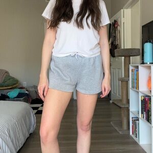 Gray lounge sweat shorts with elastic waistband